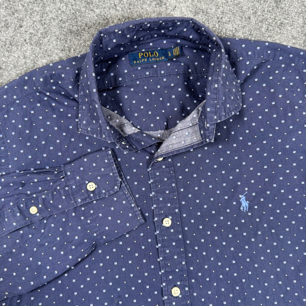 Polo Ralph Lauren Shirt Large Navy Button Up MicroDot Print Long Sleeve Flaw Men